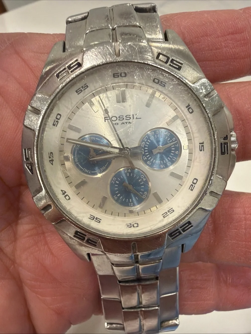 Fossil Men's Silver Stainless Steel Chronograph Watch with Blue Subdials